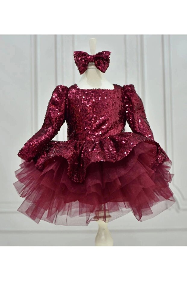 Girl - Burgundy Sequined, Long Sleeve Puffy Dress