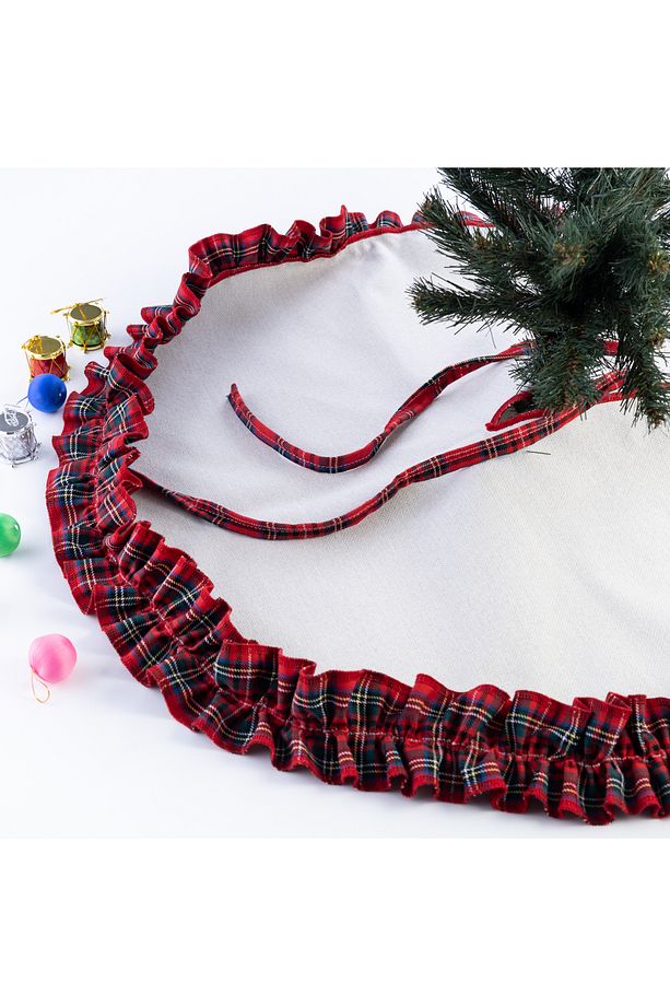 Fırfırlı yılbaşı çam ağacı örtüsü, pamuklu ekose ve naturel  60 cm - 3