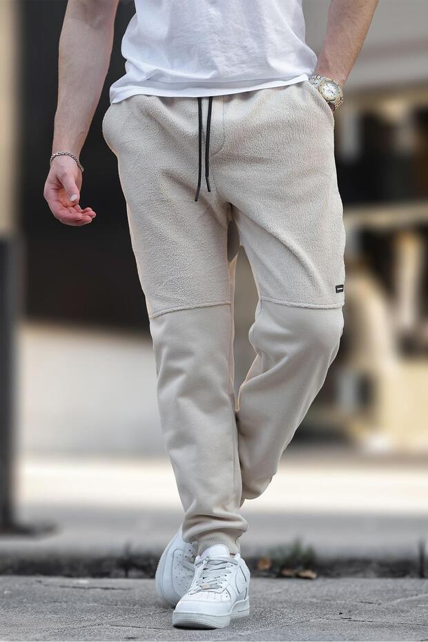 Beige Men's Fleece Sweatpants with Elastic Cuffs 6555