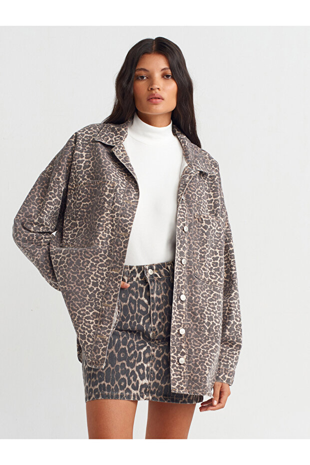 50737 Leopar Desen Oversize Denim Gömlek-Kahve - 1