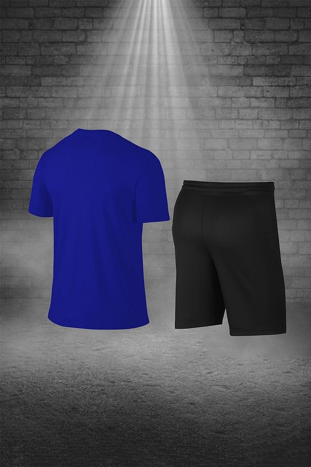 Erkek Mavi Dri-fit Kumaş Spor Için Konforlu Cepli Bisiklet Yaka Tişört Şort Alt Üst Set (S -3XL) - 4