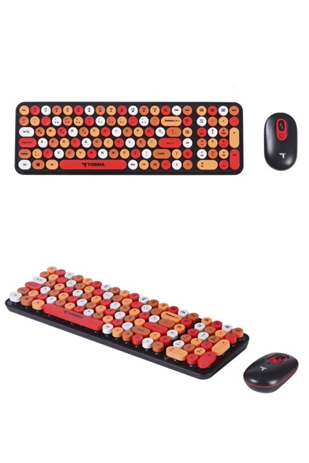 TMK-07 Çok Renkli Retro Daktilo Görünümlü Kablosuz Q Klavye Mouse Seti - 3