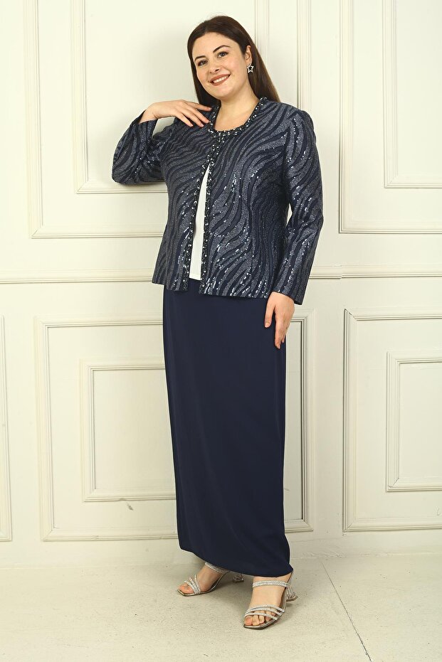 Women's Pulpayet Jacket Half Moon Sleeve Blouse Lined Crepe Long Skirt Large Size 3 Piece Set