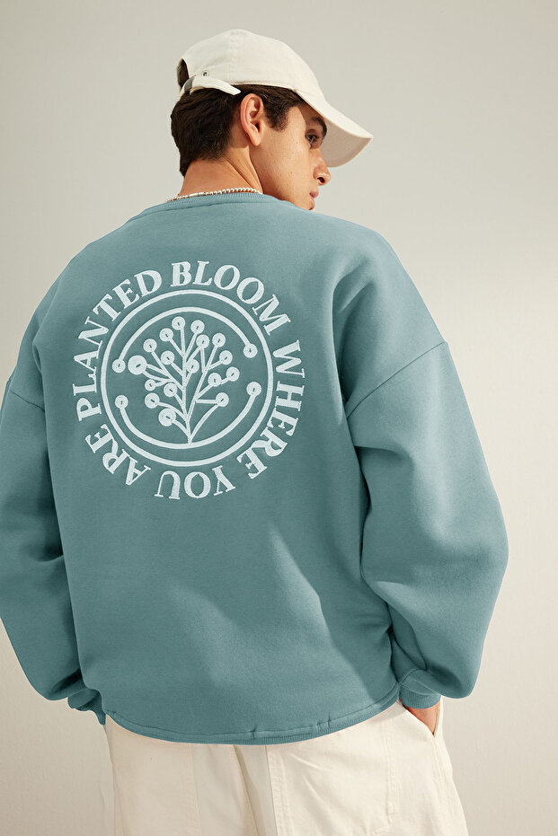 Mint Oversize/Geniş Kesim Çiçek Nakışlı İçi Polarlı Pamuklu Sweatshirt TMNAW24SW00012 - 1