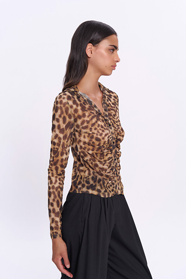 Brown Draped Leopard Patterned Shirt - 3
