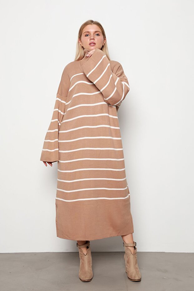 Zippered Collar Thin Striped Knitwear Dress Vi̇zon