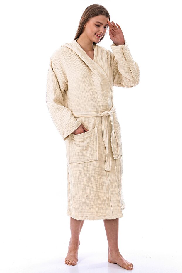 Unisex Hooded 4 Layer 100% Organic Cotton Multi Muslin Ultra Soft Bathrobe Ecru