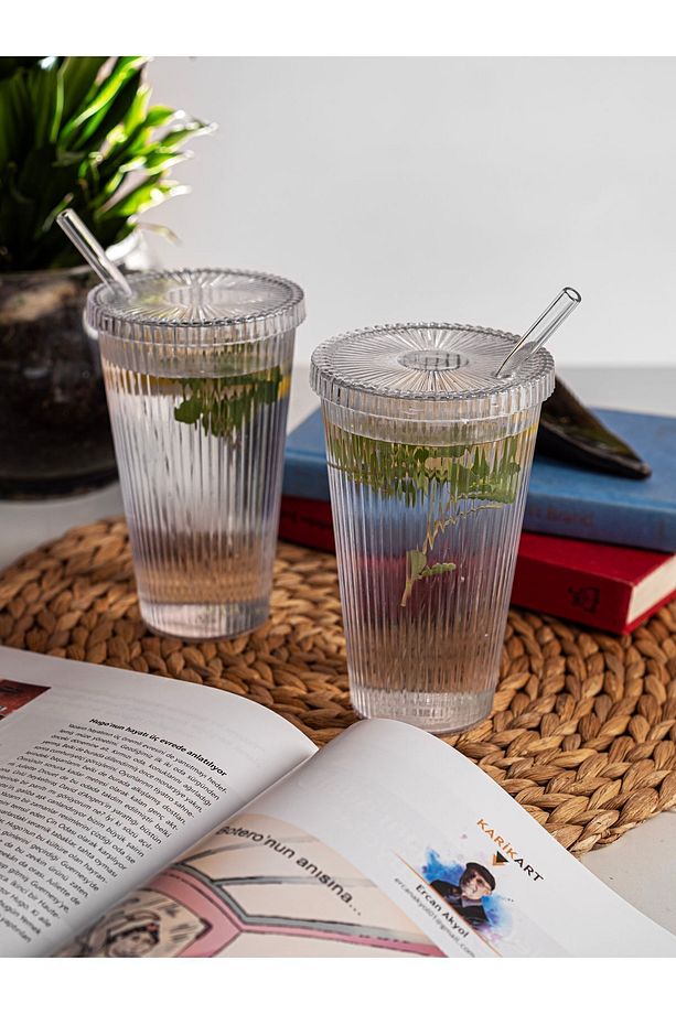 2 Adet 600 ml Kapaklı Pipetli Origami Mika Bardak - Cam Pipetli Kahve ve Meşrubat Bardağı - 2