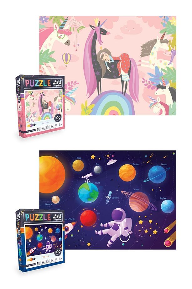 2'li Çocuk Puzzle - 100 Parça Puzzle - Unıcorn Ve Gezegenler - 2