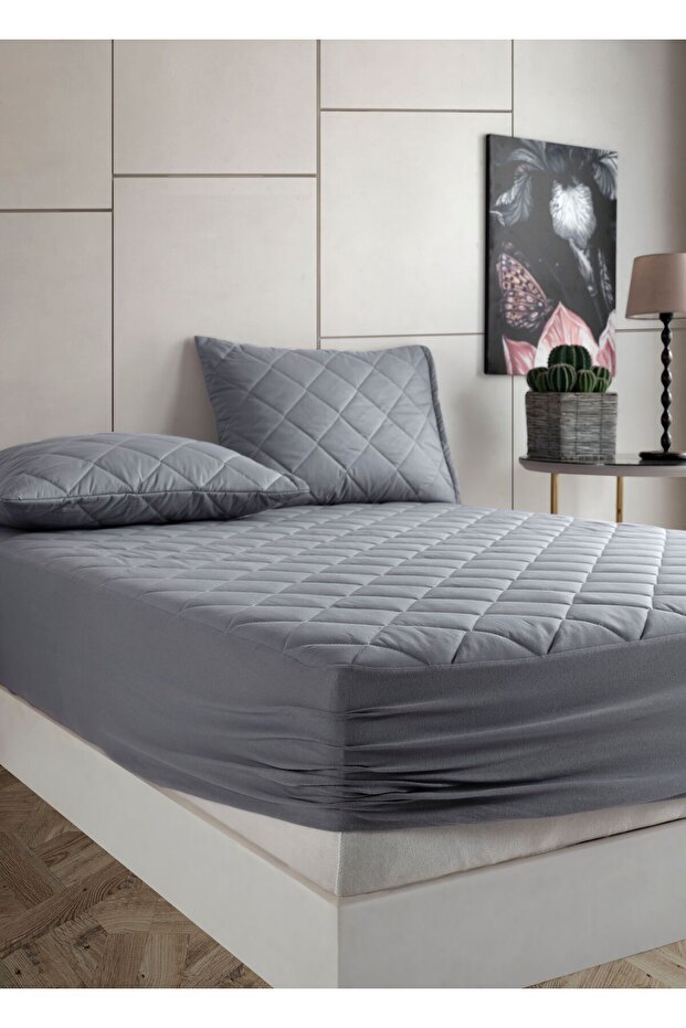 Set Pamukkale Matratzenauflage Grau 100% Baumwolle Gesteppter Matratzenschoner-2 Stück Kissenschoner Matratzenauflage (11 Größen) - 2