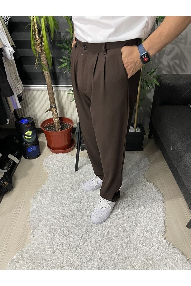 Acı Kahve Pileli Baggy Kumaş Pantolon - 3