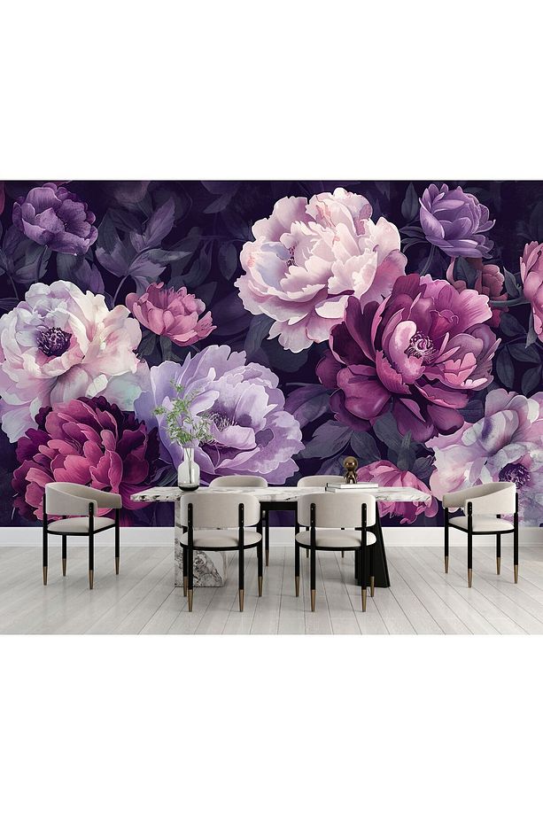 Pembe-Mor-Lila Şakayık Çiçekleri Duvar Kağıdı-Salon-Yatak Odası Duvar Kağıdı - 3