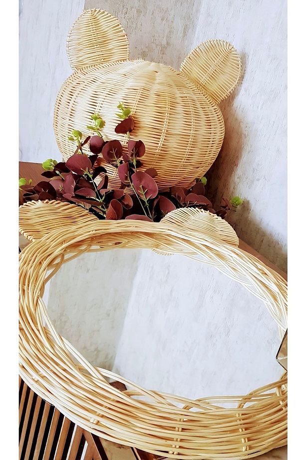 Rattan Bambu Hasır Panda Ayı Avize Ayna Seti Çocuk Odası - 1
