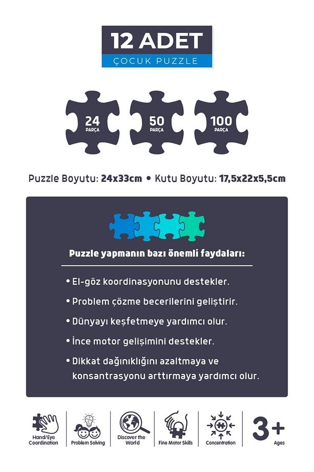 12'li Çocuk Puzzle Set - 3 Adet 24 Parça 6 Adet 50 Parça 3 Adet 100 Parça - 6
