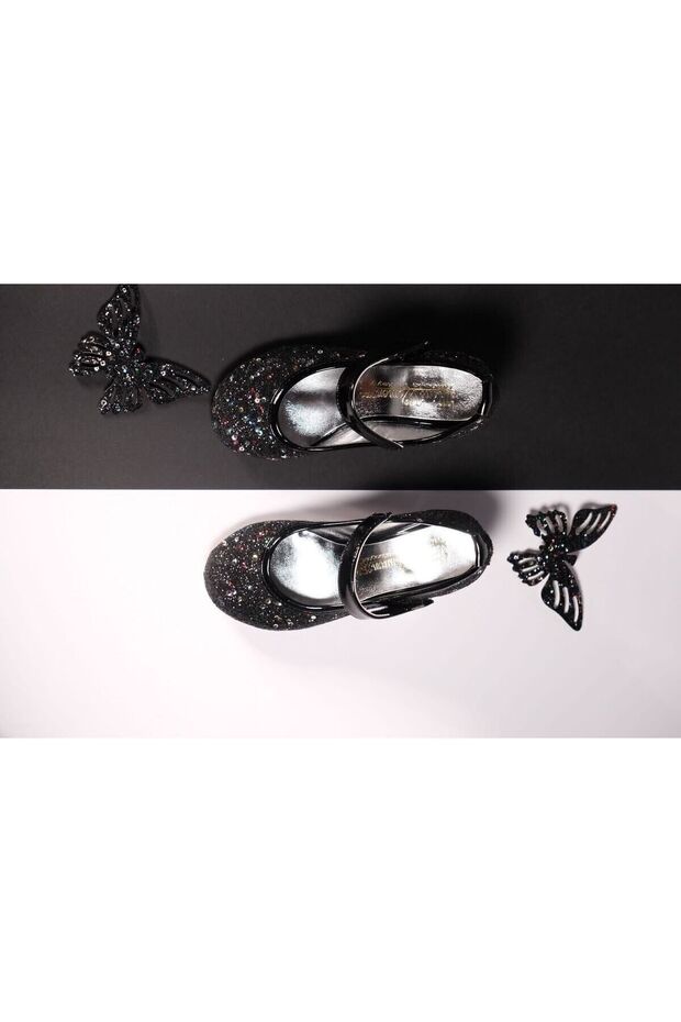 Broken Glass Stone Embroidered Black Colored Butterfly Figured Heeled Shoes