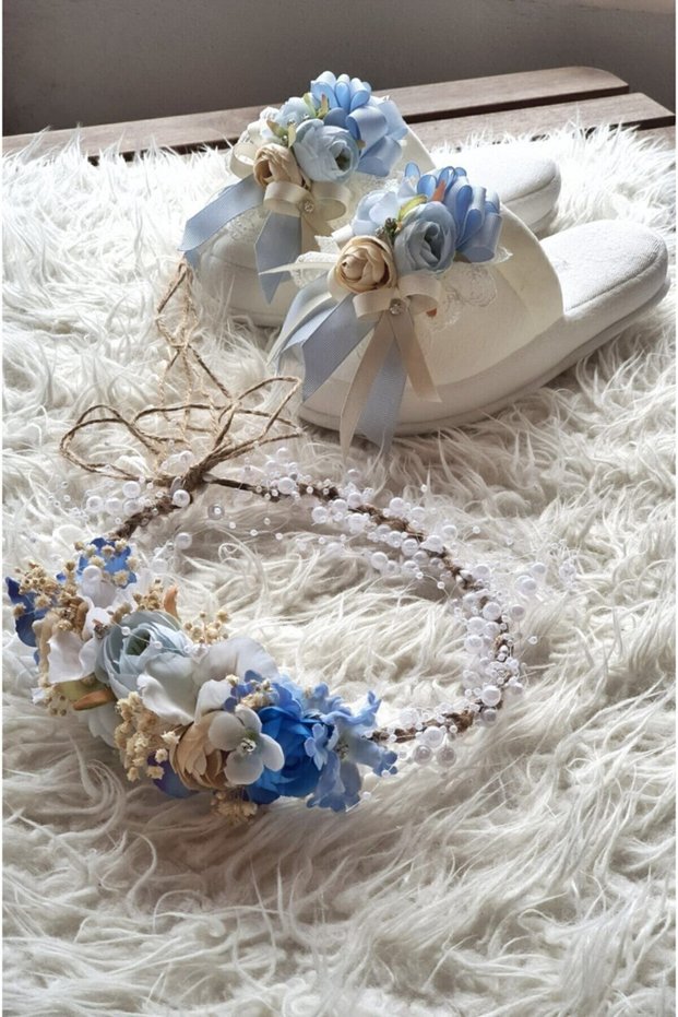 Blue Colored Dried Flower Detailed Mother's Maternity Slippers and Crown (puerperal set, maternity crown)