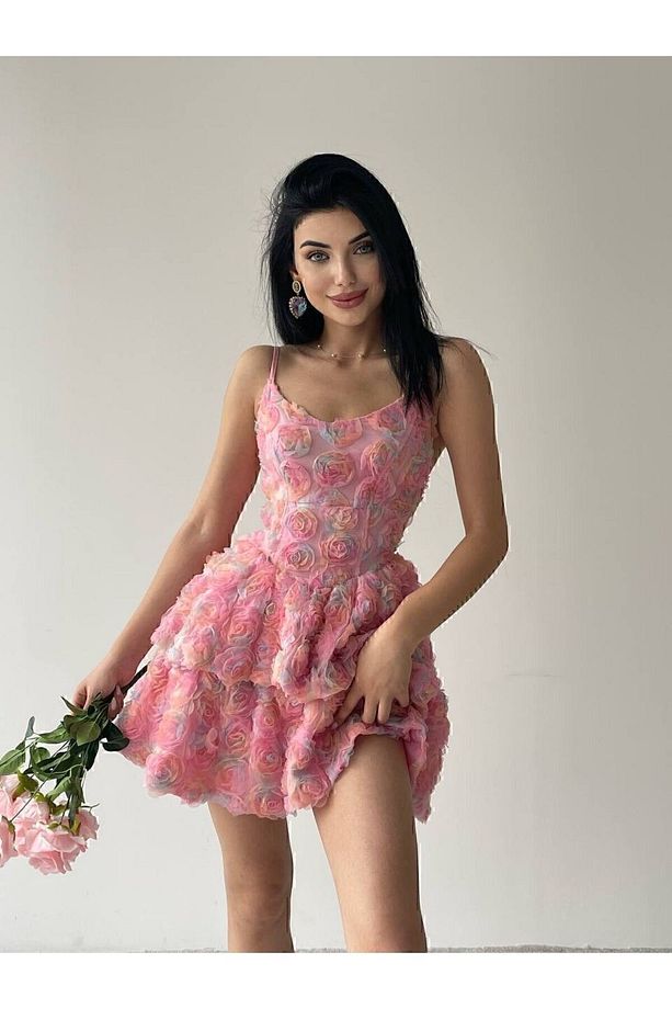 Pembe gül desenli astarlı mini elbise - 1