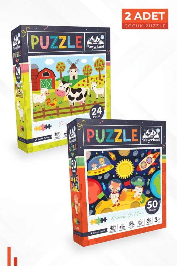 2-Piece Children's Puzzle - 24 Pieces Farm Animals and 50 Pieces Moon Animals