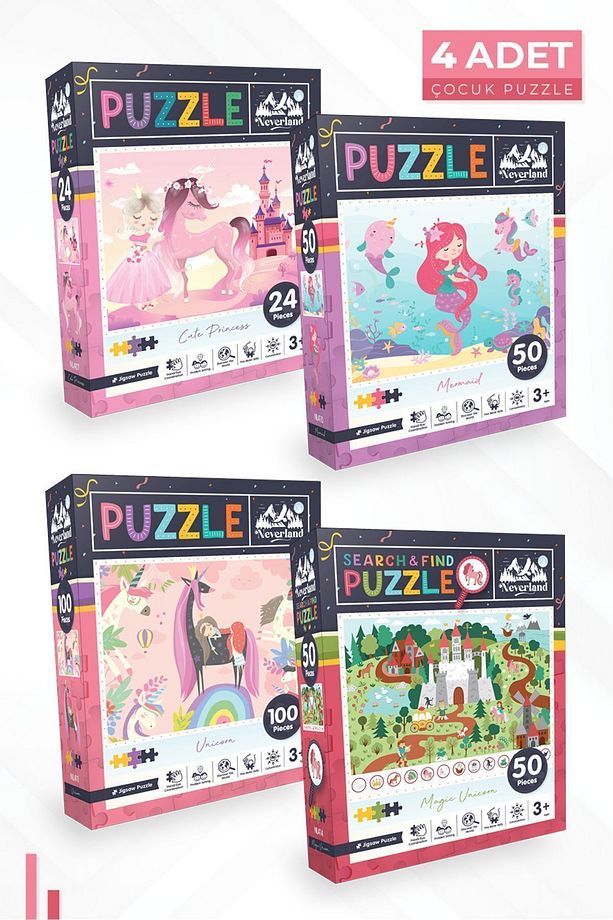 4'lü Çocuk Puzzle - 24 P. Sevimli Prenses / 50 P.deniz Kızı / 100 P. Unıcorn / 50 P. Sihirli Unıcorn - 1