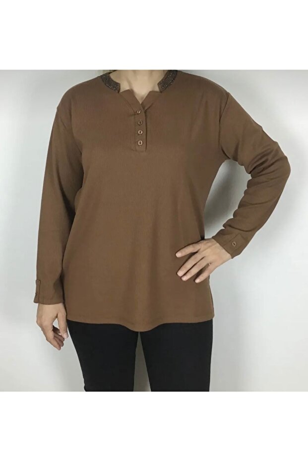 Sports Mother's Bluz with Stone Collar and Buttons