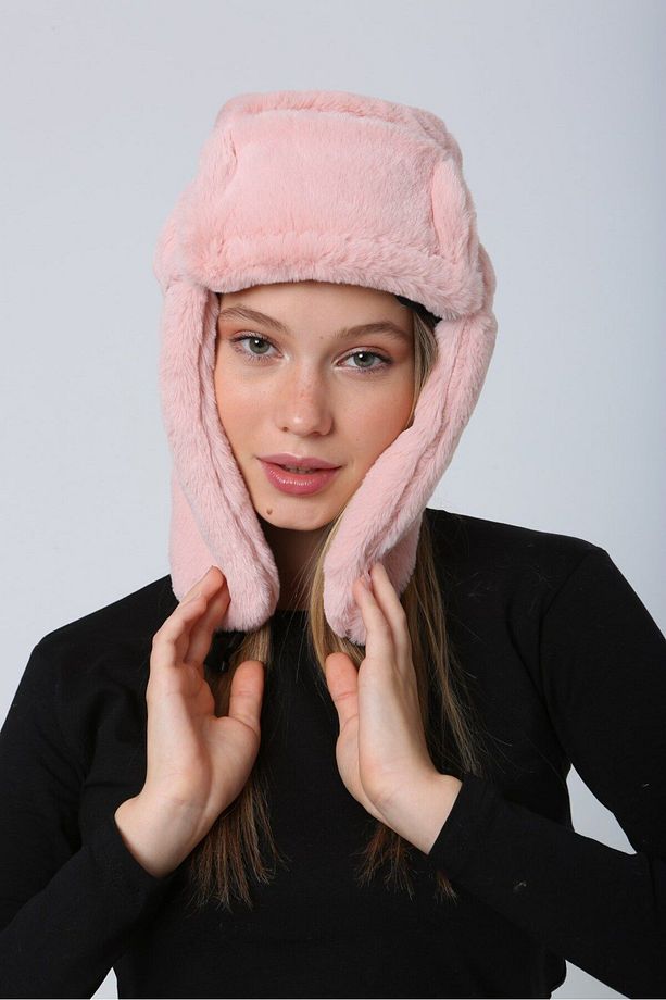 Pembe Peluş Kulaklık Bere - Yumuşak Tüylü Doku Ile Soğuk Hava Için Rahat Şapka Bere1127 - 5