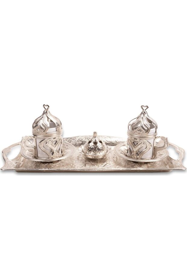 Silver 2-person cup - copper ottoman heart patterned turkish coffee cup set - tray cup set