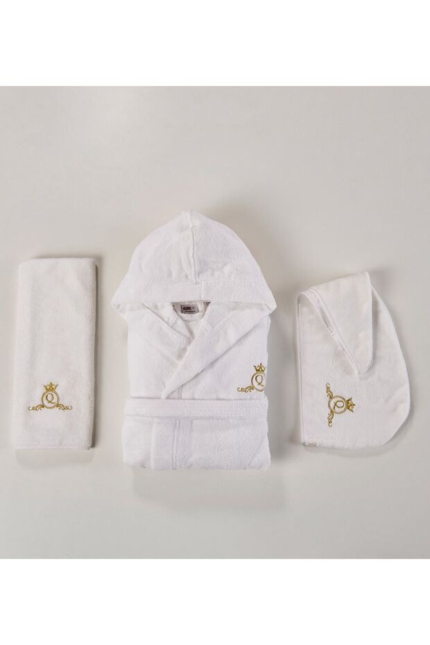 Set of Three, 100% Cotton, Long and Hooded White Bathrobe, Bonnet and Face Towel