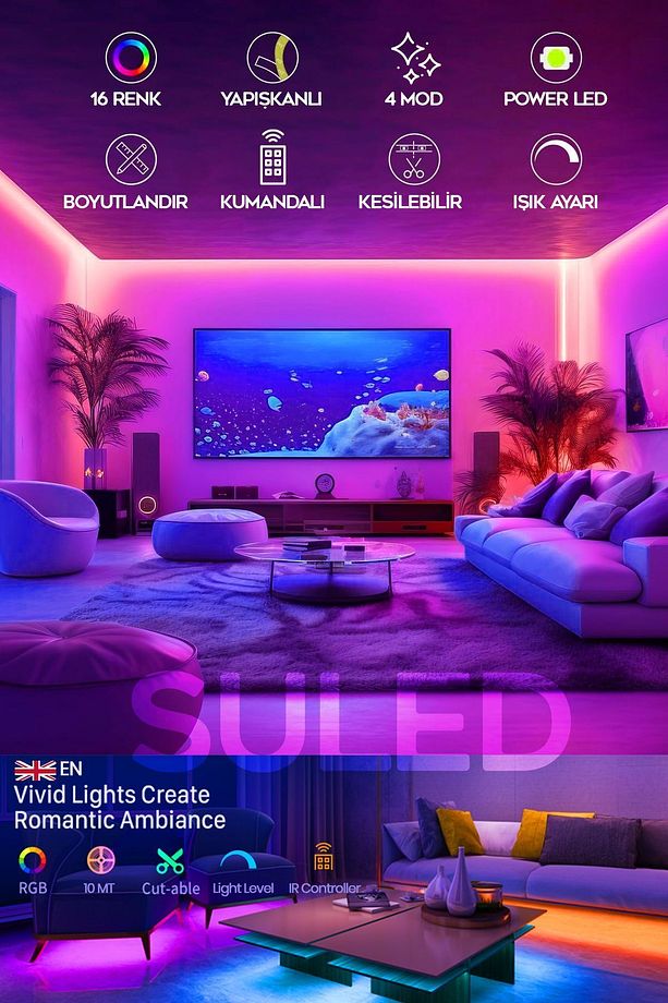 10 Metre Şerit Led 16 Mod Ambiyans Ortam Işığı Tak Çalıştır Kumandalı Trafolu Rgb Şerit Işık - 2