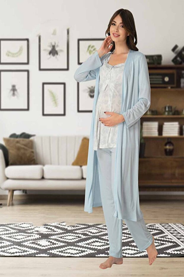 Mayss Collections Blue Maternity Pajamas Set with Dressing Gown 8014