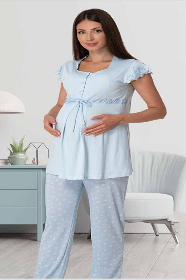 Women's Effort Blue Patterned Soft Postpartum Maternity Pajama Set
