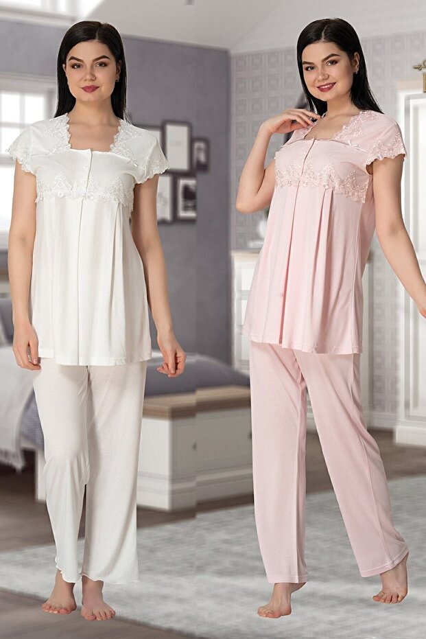 Effortt 5012 Maternity Pajama Set with Sleeves and Lace Collar