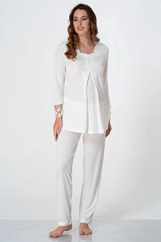 Cotton Fabric Comfortable Cut Maternity Pajama Set with Breastfeeding Feature - Ecru