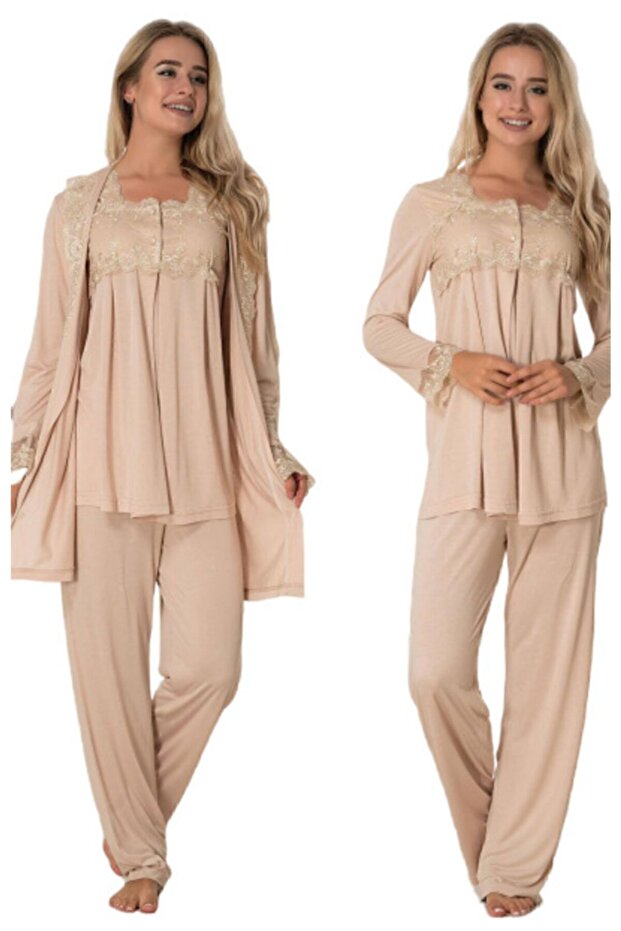 Effort Milk Brown Long Sleeve Maternity Pajamas Set with Dressing Gown 2401