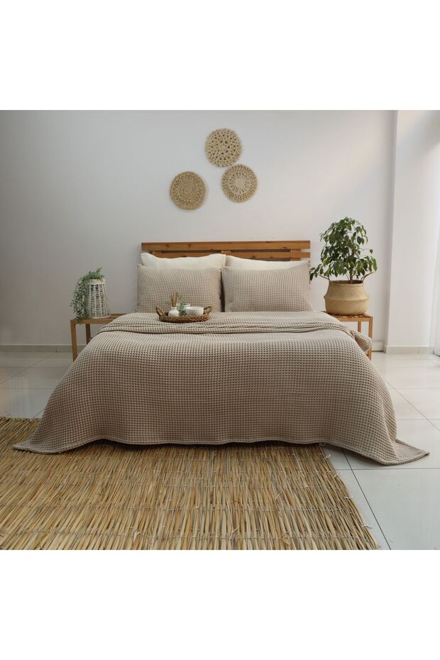 100% Cotton Anti-Sweat Waffle Bedspread - Soft Textured Double Pique - Mink