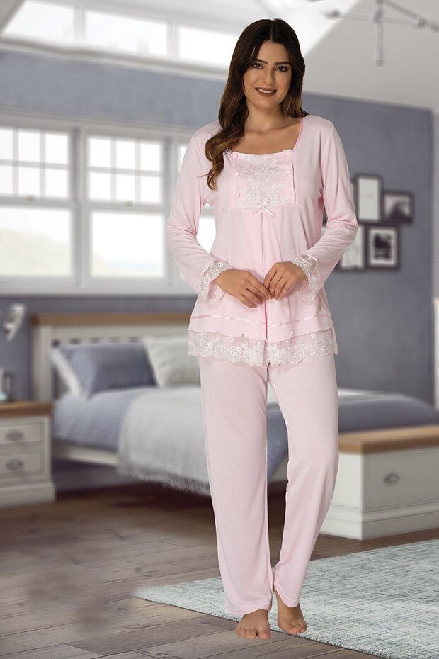 Cotton Maternity and Postpartum Pajama Set with Breastfeeding Feature – Elastic Waistband – Pink