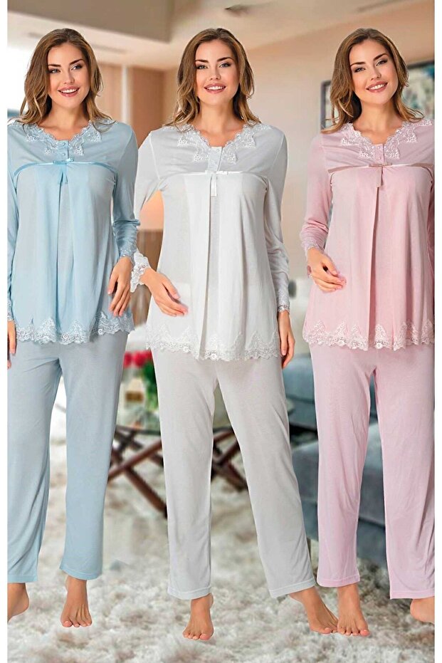 Cotton Maternity and Postpartum Pajama Set with Breastfeeding Feature – Elastic Waistband Effortt - Ecru