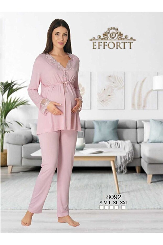 Women's Pregnant Maternity Top and Bottom Pajamas Set Powder