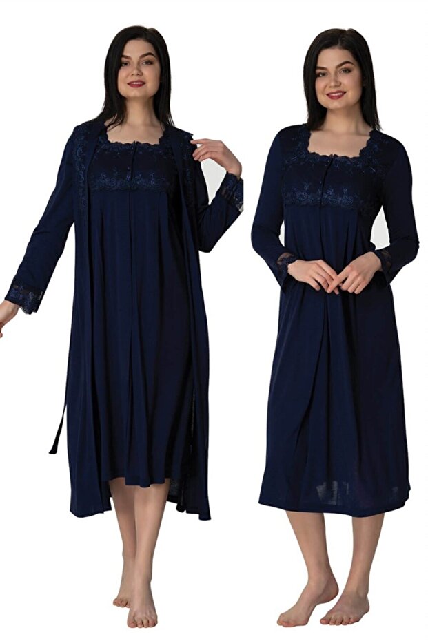 Women's Navy Maternity Nightie Set with Dressing Gowns