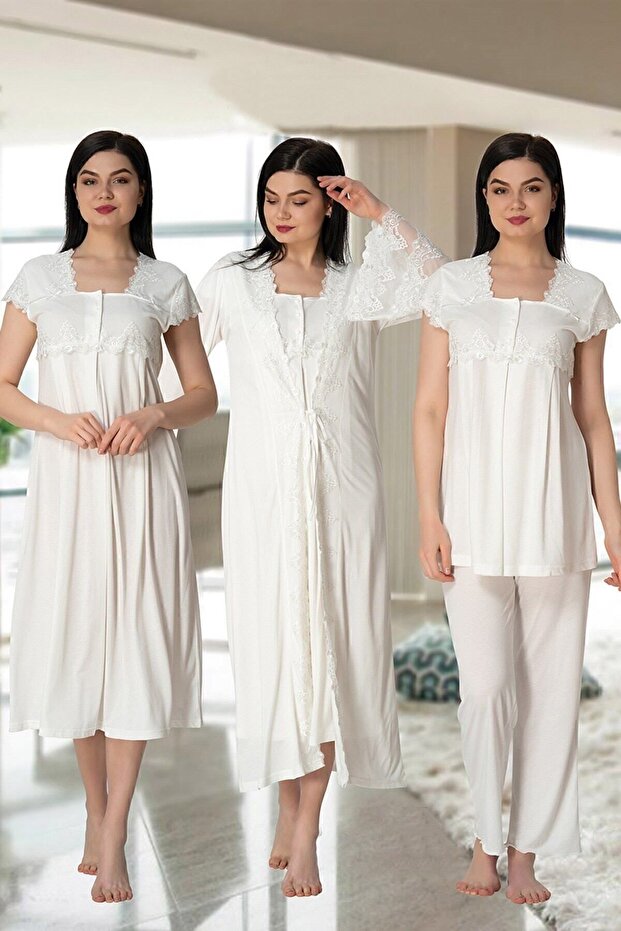 Cotton Maternity Set with Breastfeeding Features, 4 Pieces Effortt - Ecru