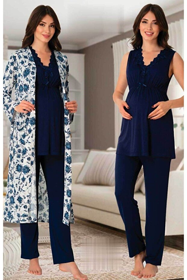Effort Navy Blue Lace Collar Maternity Maternity Pajama Set with Dressing Gown