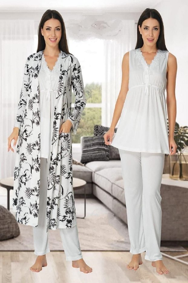 Women's Black and White Maternity Maternity Pajamas Set Dressing Gown 8034
