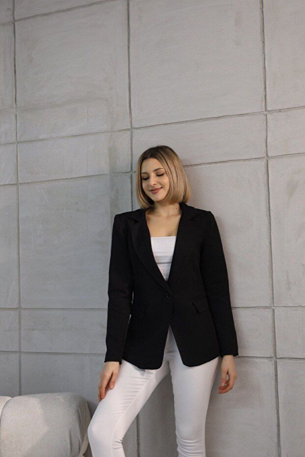 Women's Short Buttoned Blazer Jacket Black Polyester