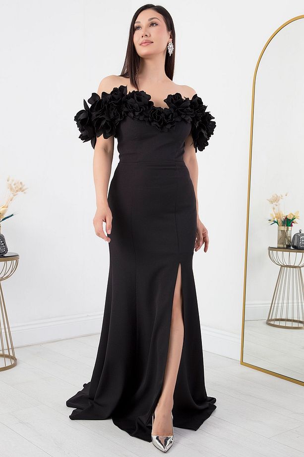 Gül Detaylı Yırtmaçlı Elbise ECR5368 - 6