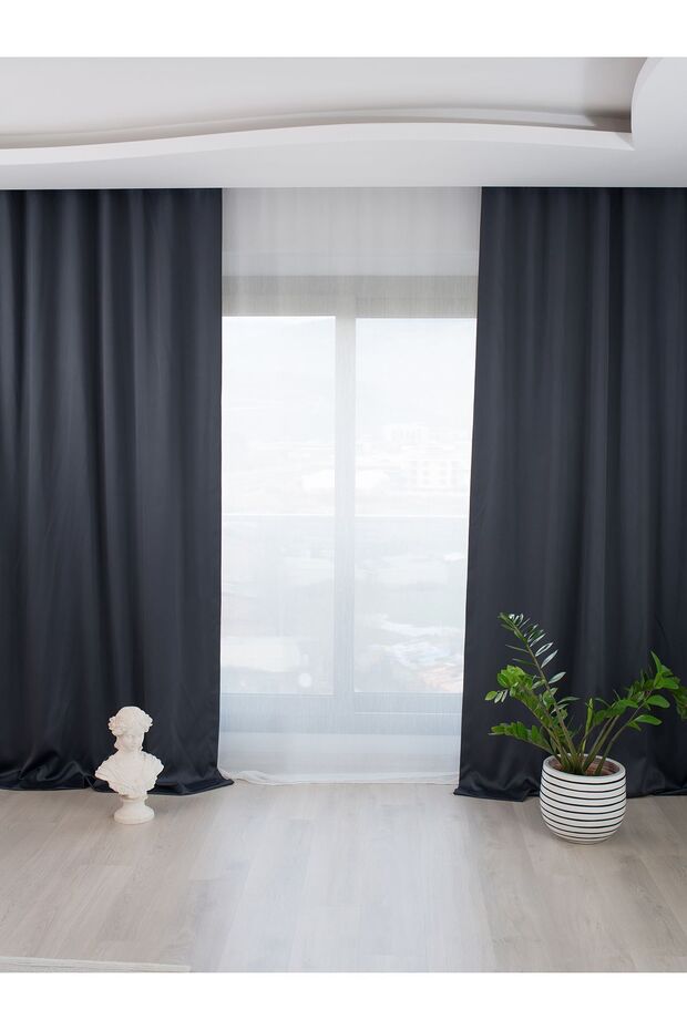 Navy Blue Pleatless Gathered Extra Stretch Light Proof Blackout Background Curtain