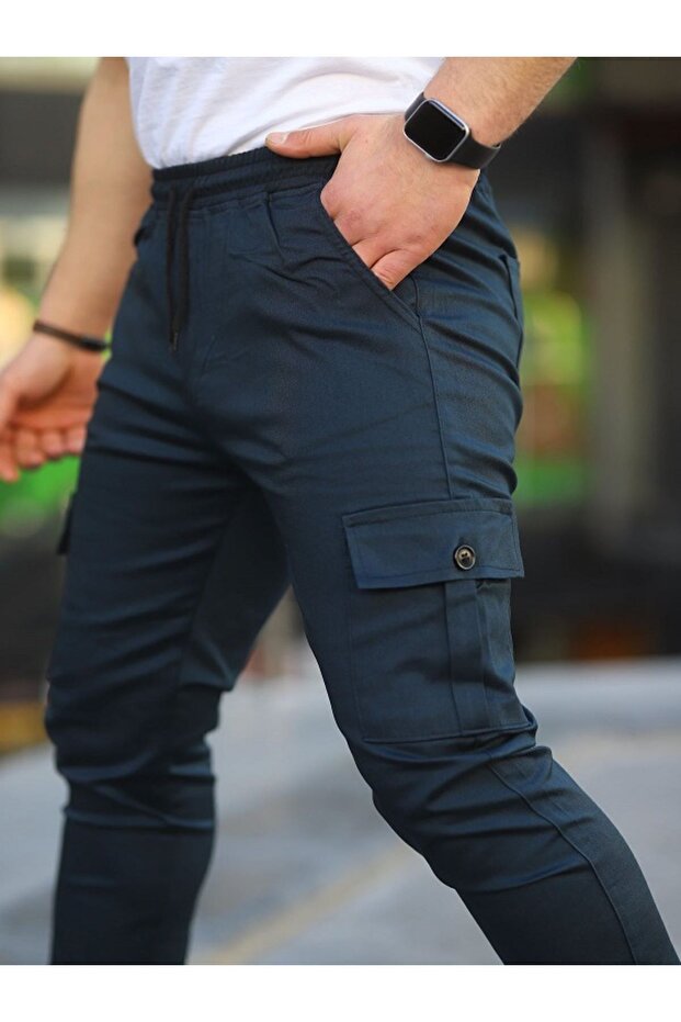 Navy blue cargo pants with lycra waist and elastic legs