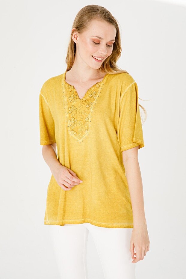 Women's Turn-down Collar Short Sleeve Laced Combed Cotton Blouse Honey