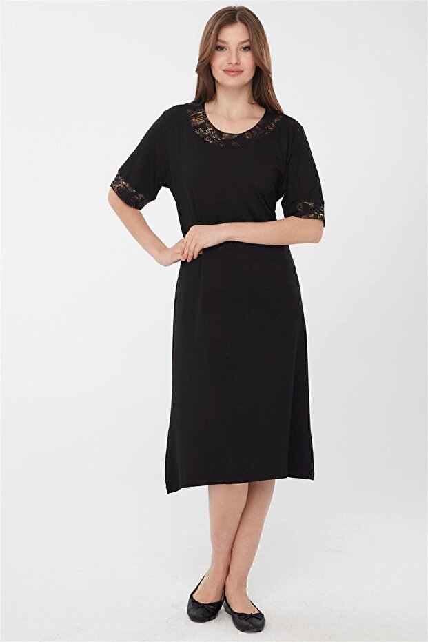 Women's Crew Neck Sleeves and Collar Patterned Combed Cotton Dress Black