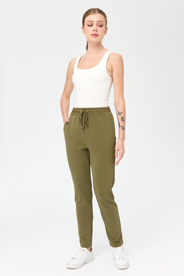 Women's Waist Lace-up Pocket Tracksuit Trousers Khaki