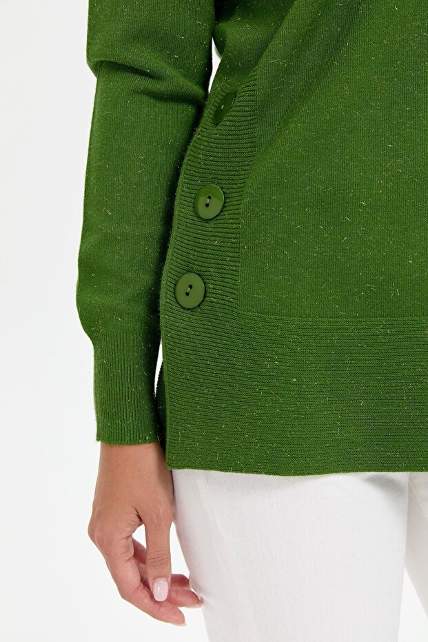 بلوزة لامعة بدون خياطة - رقبة دائرية وأزرار جانبية باللون الأبيض الطحلب - 2