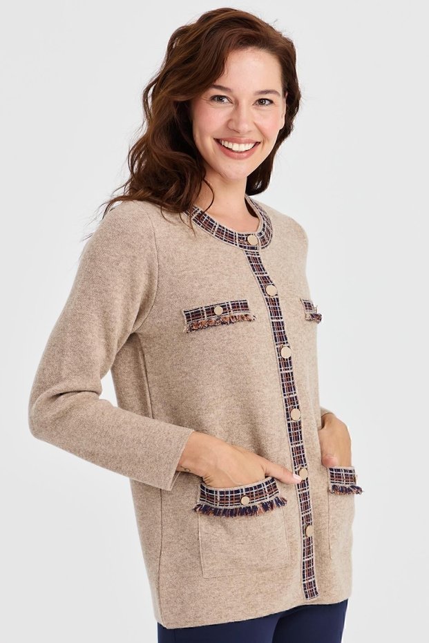 Women's Crew Neck Tasseled Square Accessory Wool Jacket Red Beige